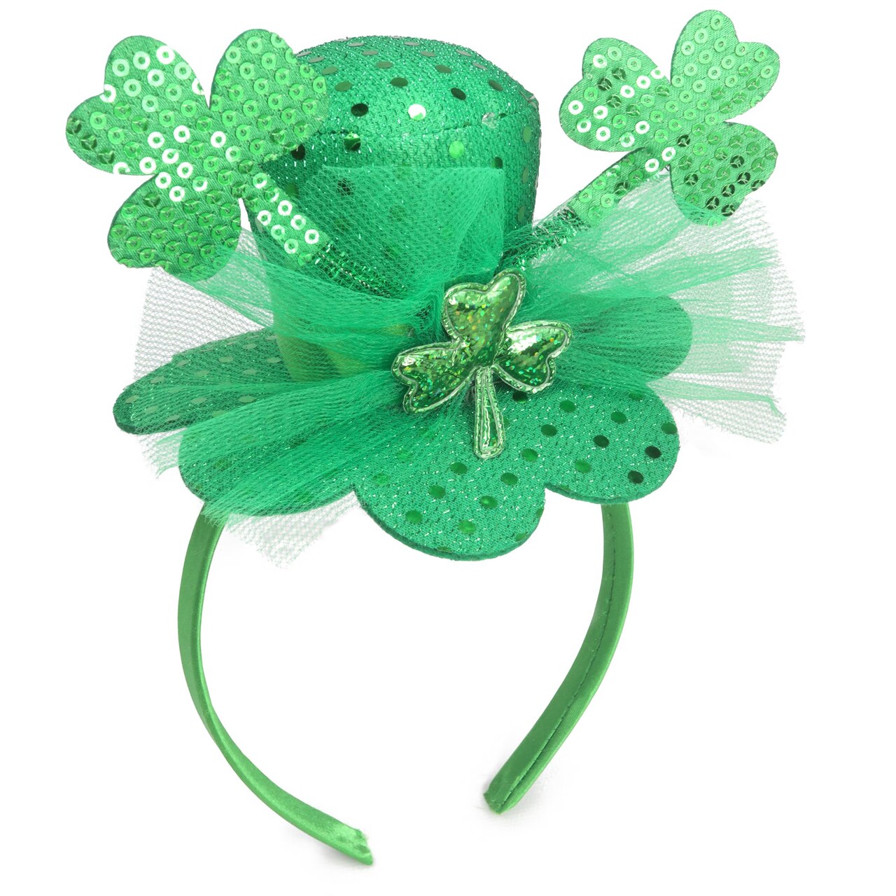 Little Top Hat St. Patrick's Sequin Headband, Green Hair Accessory With Clovers and Tulle for Holidays and Themed Parties, One Size Fits Most (Top Hat with Clovers and Tulle)